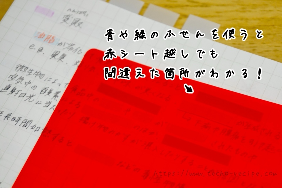 青い付箋の上から赤シートを被せた例